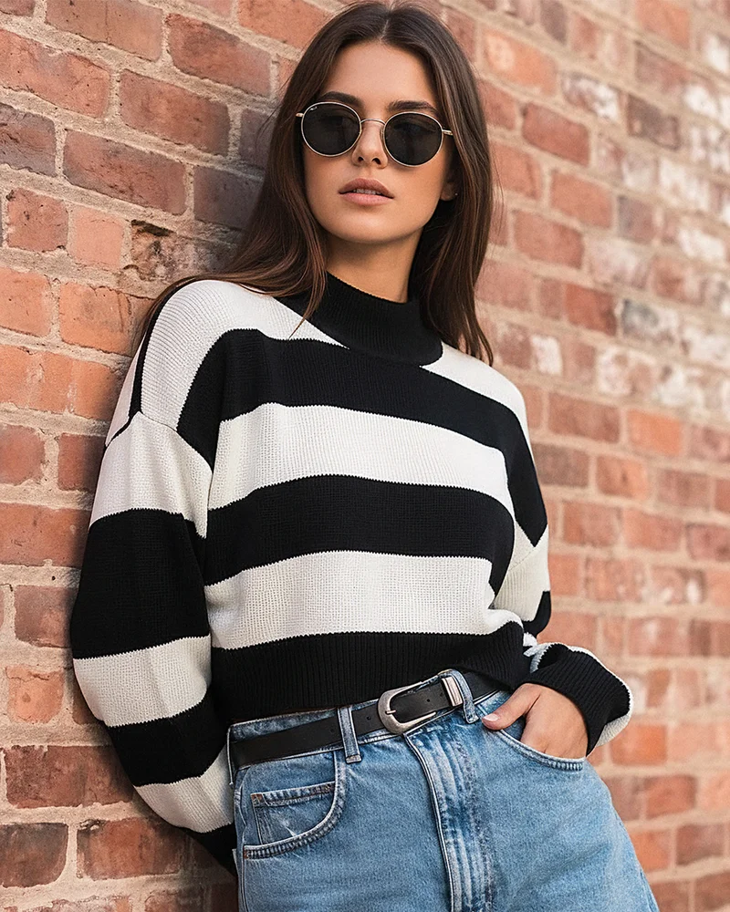 بيواكوف Women's Black Striped Oversized Crop Sweater
